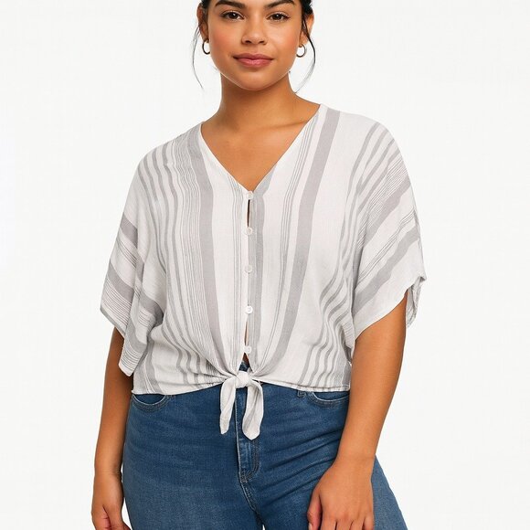 Style Envy Women's Gray White Striped Tie Up Short Sleeve Shirt Size M - Picture 1 of 4